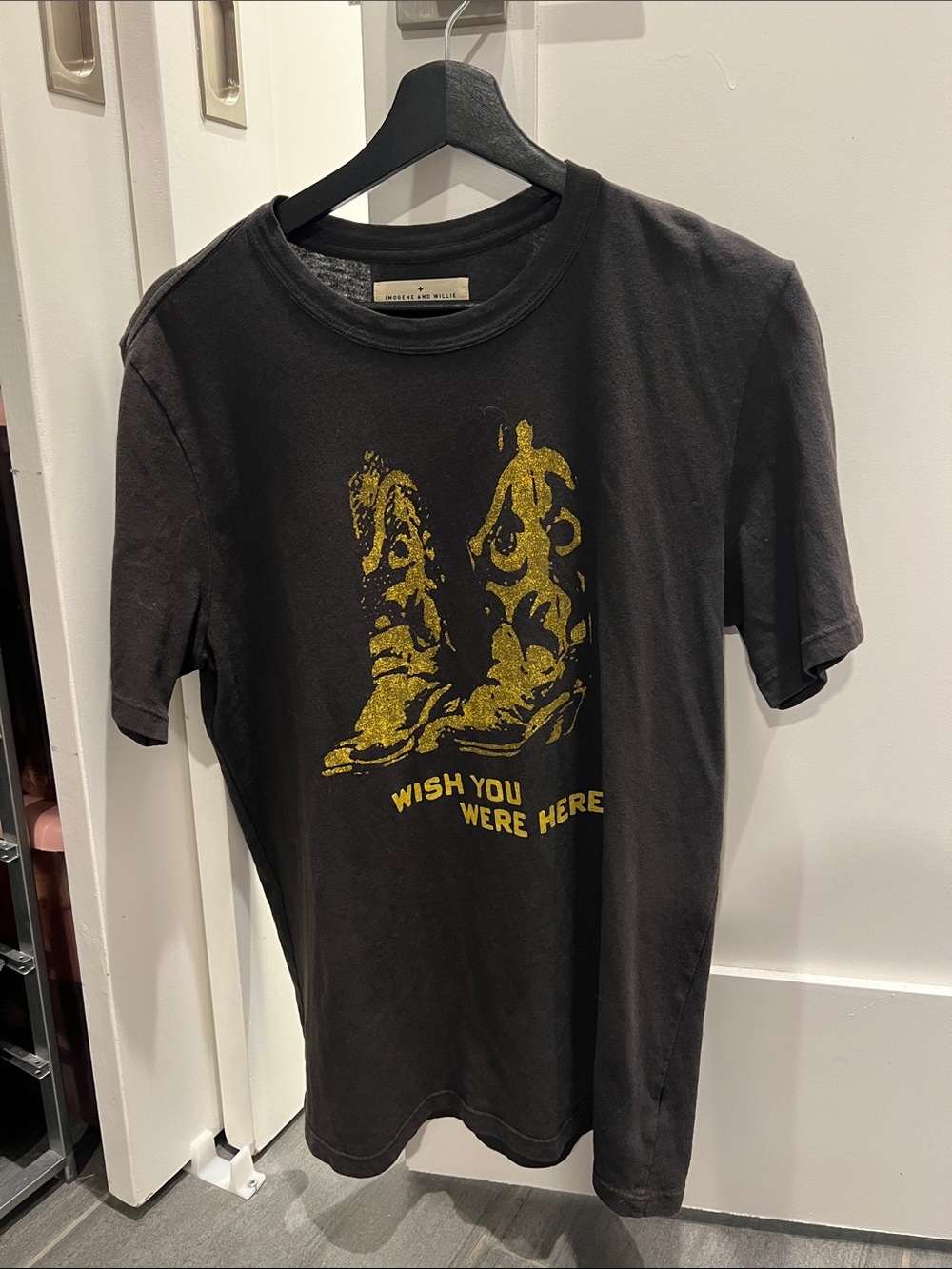 imogene + willie Black Tee with Yellow Boot Graphic